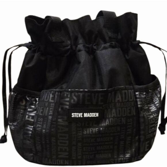 Steve Madden Repeat Logo Drawstring Insulated Lunch Tote Bag- Black - Picture 3 of 9